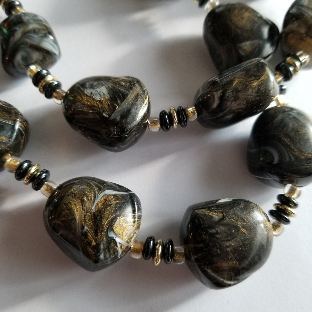 Vintage necklace two strand gold tone black swirled gold chunky multistrand - Picture 7 of 11